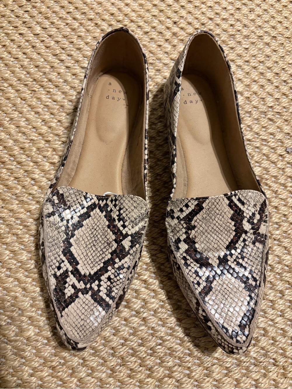 a new day Beige and Black Snakeskin Pointed Flats